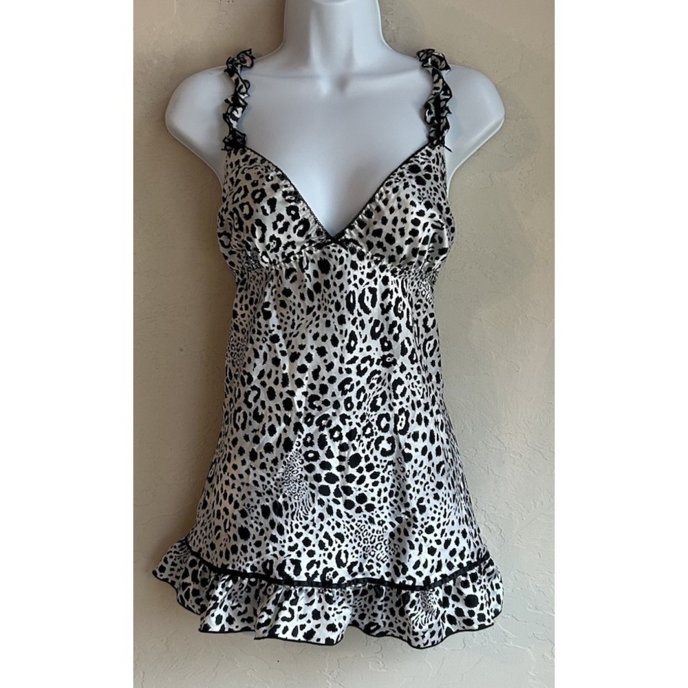 Vintage Y2K Silver Satin Leopard Print Ruffle Babydoll Chemise L Cami Tank